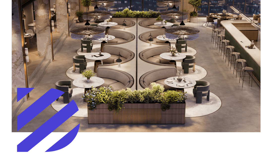 Aerial view of a modern restaurant with circular booths and tables. Aerial view of a modern restaurant with circular booths and tables.