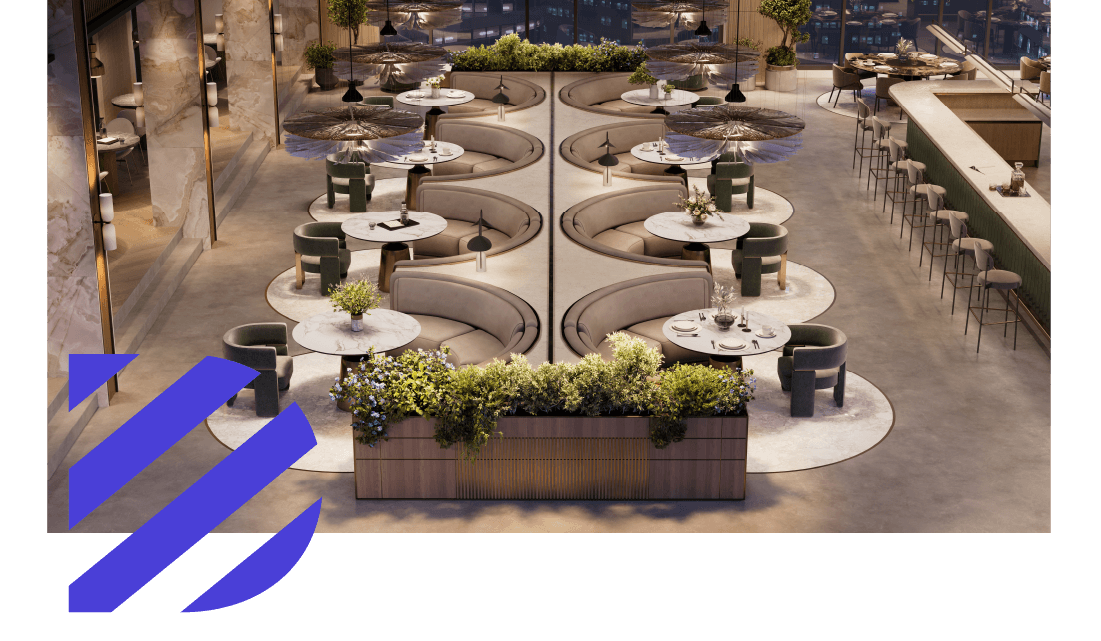 Aerial view of a modern restaurant with circular booths and tables. 