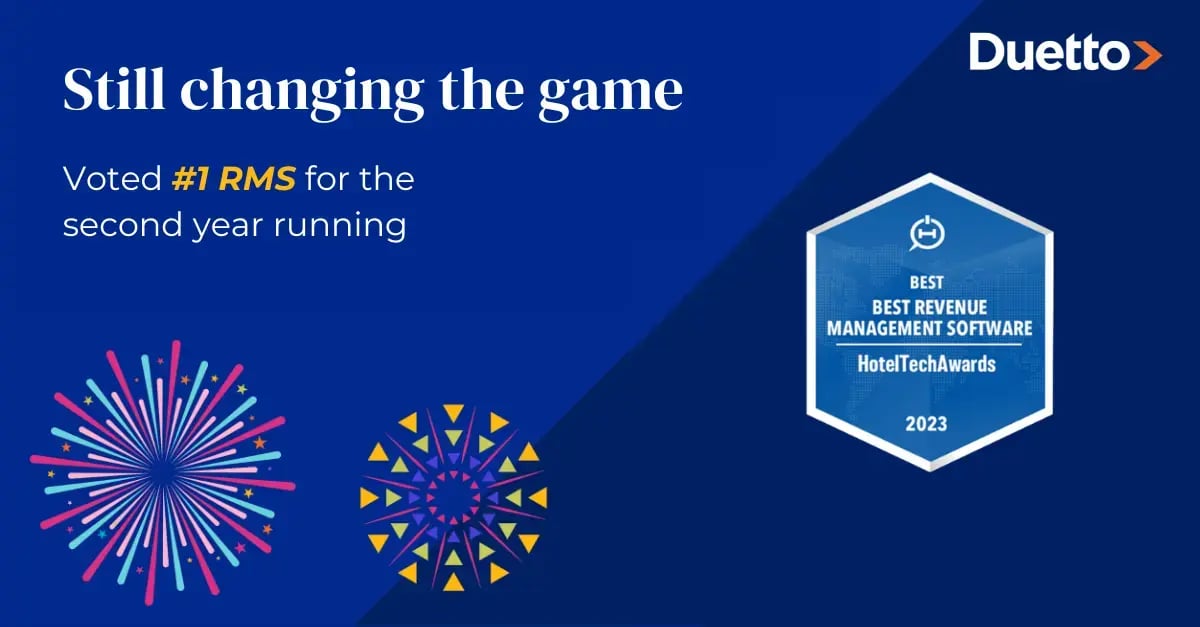 Best Revenue Management Software winning badge from HTR in light blue over a dark blue background with fireworks and Duetto's logo.