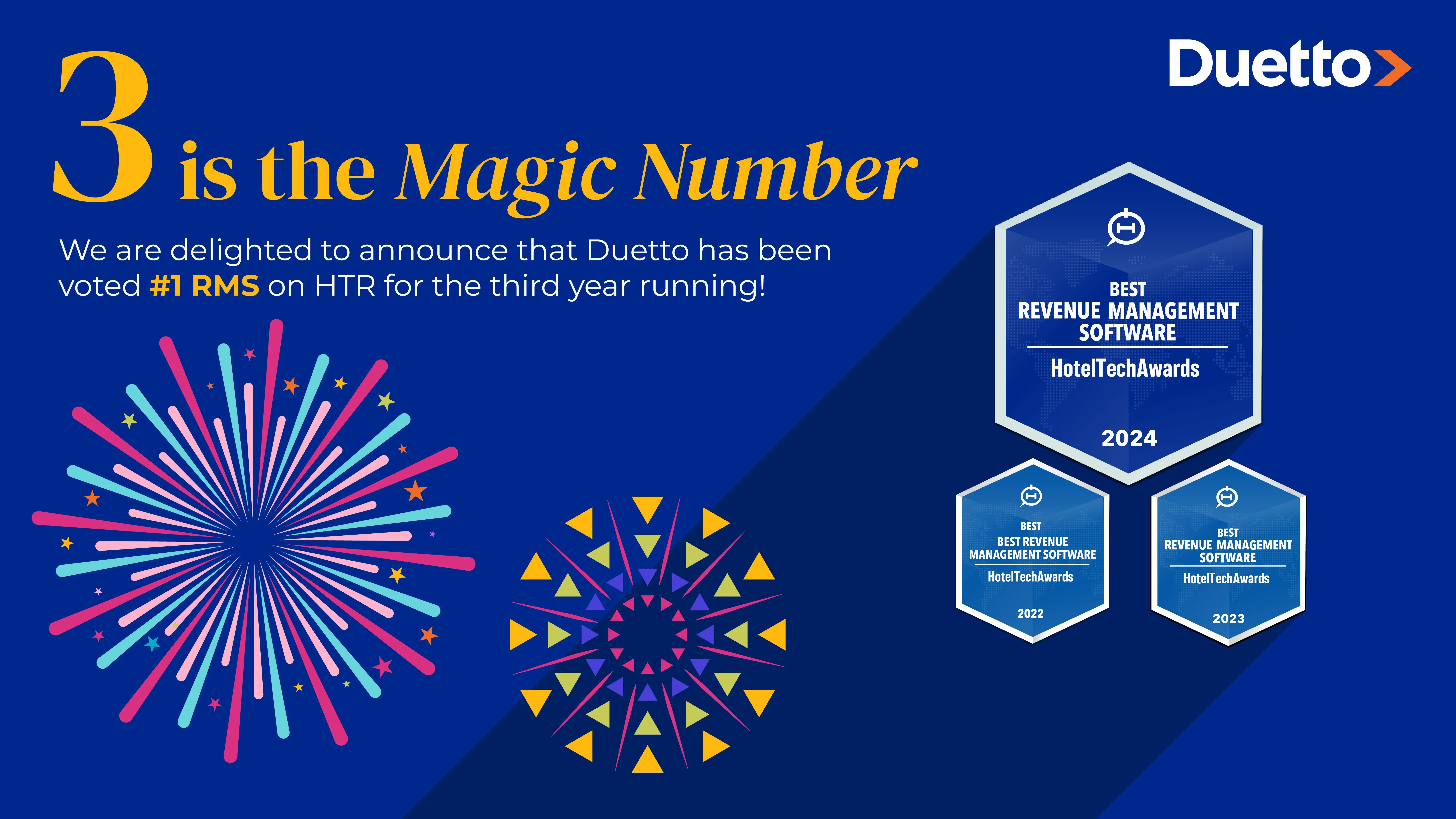 Text '3 is the Magic Number' in yellow with two colorful graphics of fireworks and three badges from Best Revenue Management Software for 2022, 2023, and 2024.