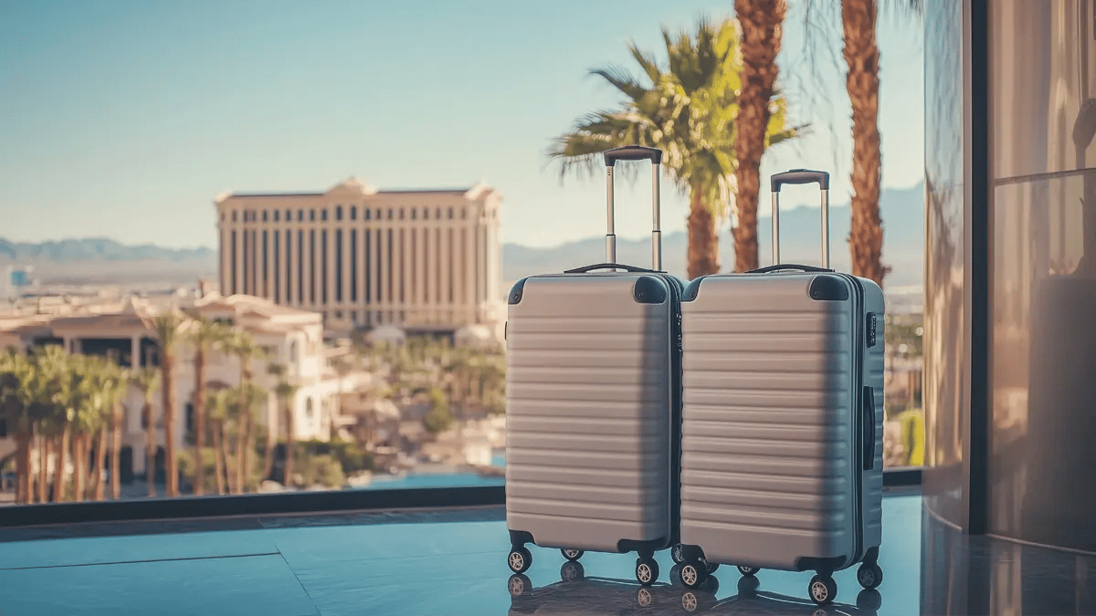 Two grey suitcases in front of a background featuring hotels and palms in Las Vegas.