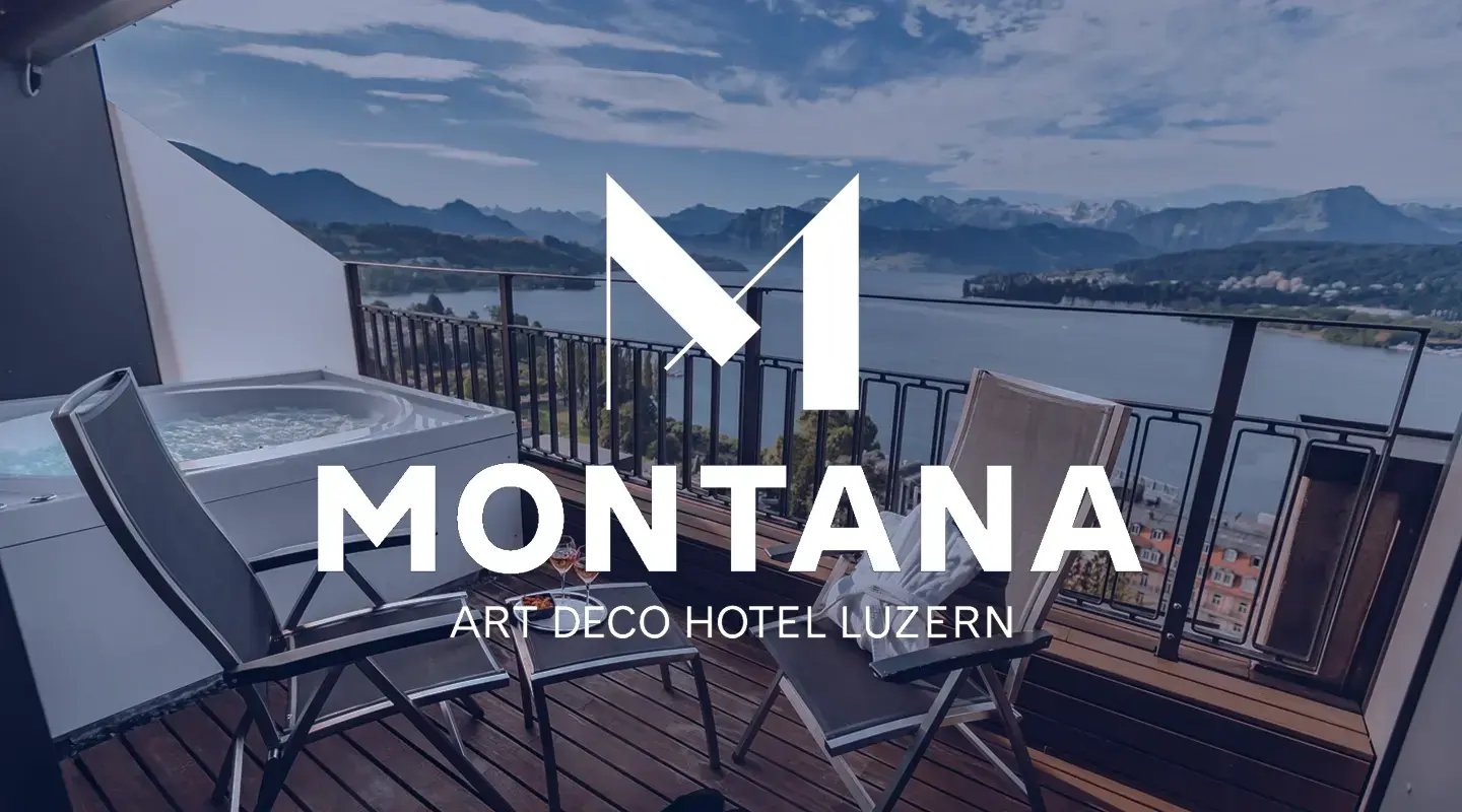 Montana Art Deco Hotel Luzern logo superimposed on an image of a hotel balcony.