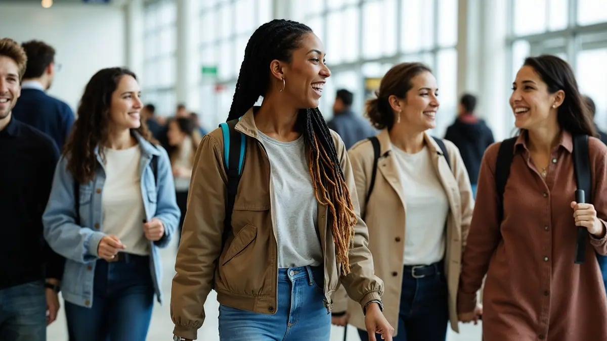 A group of friends with bags at the airport walking towards the camera while having lively chats.