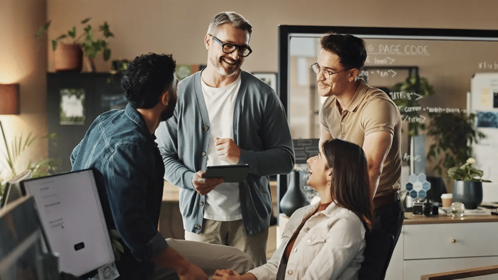 A group of people having a discussion in an office with a few notepads.