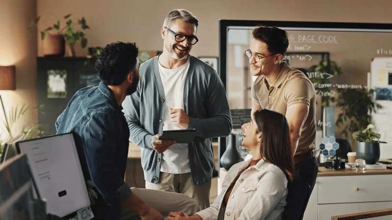 A group of people having a discussion in an office with a few notepads.