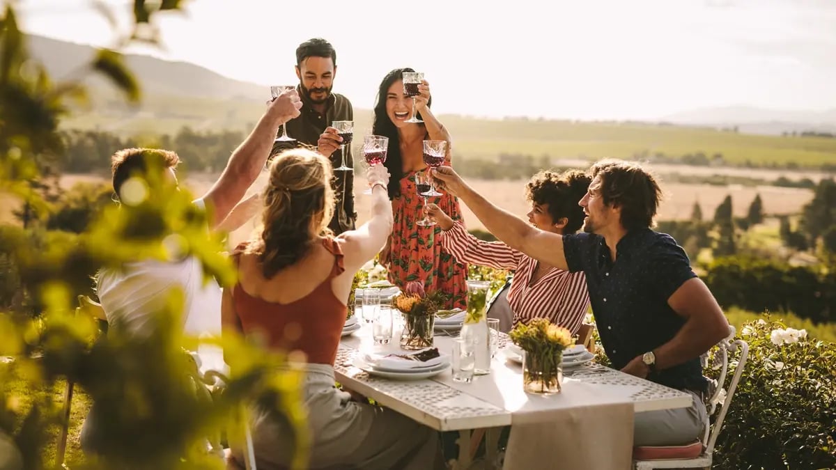 A group of friends wearing summery clothes, sitting at a table in a garden making a toast.