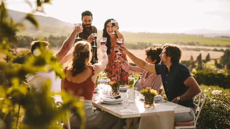 A group of friends wearing summery clothes, sitting at a table in a garden making a toast.