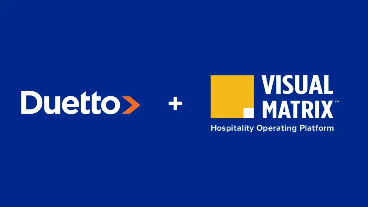 Duetto logo in white, followed with a plus symbol, followed by Visual Matrix logo in white with a yellow square on the left.