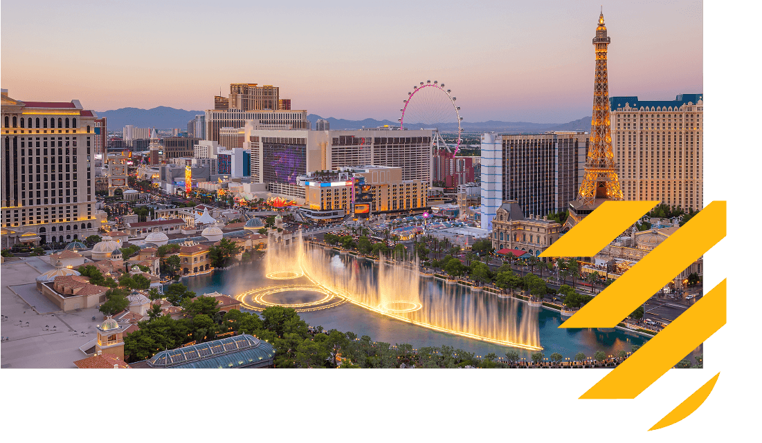 View of the Las Vegas strip at sunset, with hotels shown against the horizon. View of the Las Vegas strip at sunset, with hotels shown against the horizon.