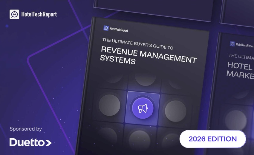 Front cover of the 'Ultimate buyer's guide to revenue management systems' shown on an iPad.