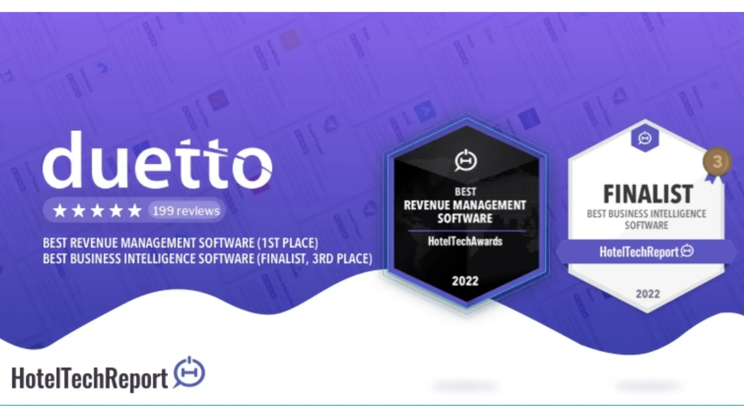 Duetto in white on a purple background with two badges on the right indicating that Duetto has won Best Revenue Management Software for 2022 and has been a finalist for Best Business Intelligence Software.